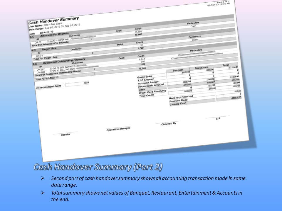 Cash Handover Summary